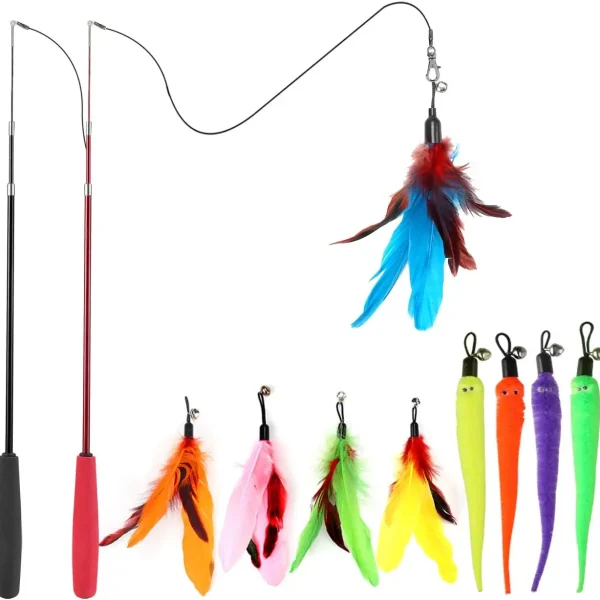 Retractable Cat Wand Toy with 9 Feather Refills